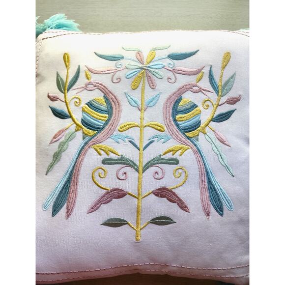 THROW PILLOW-COASTAL HOME-Embroidery-Birds-Folk Design-Tassles-Large-17" x 17" - Picture 10 of 14